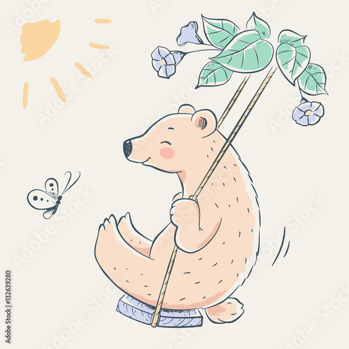 Cute little bear swing cartoon hand drawn vector illustration. Can be used for baby t-shirt print, fashion print design, kids wear, baby shower celebration greeting and invitation card.