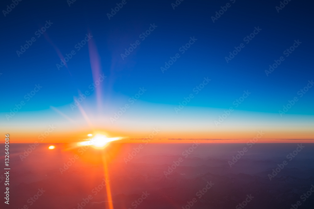 Sunset Over Mountains From Height Of Airplane, Plane
