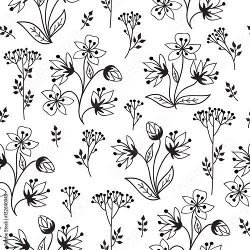 Floral pattern with herb branch and leaves. Nature background. Flower doodle seamless ornament
