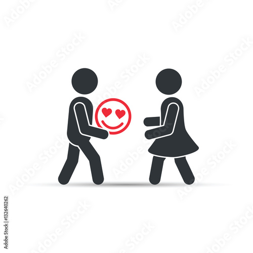 Man giving valentine smiley emoticon icon to woman, vector. Giving good mood concept illustration.