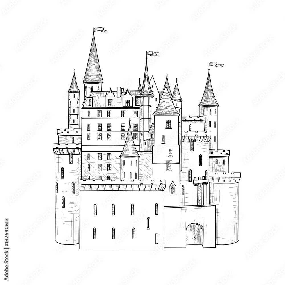 Castle landmark sketch illustration. Medieval palace building with towers. Fortress engraving isolated