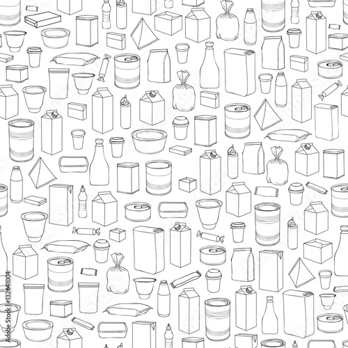 Food packaging seamless pattern. Different package outline doodle drawn icons tile background