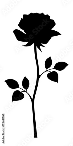 Vector black silhouette of rose with stem isolated on a white background.