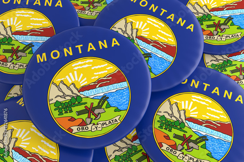 US State Buttons: Pile of Montana Flag Badges, 3d illustration