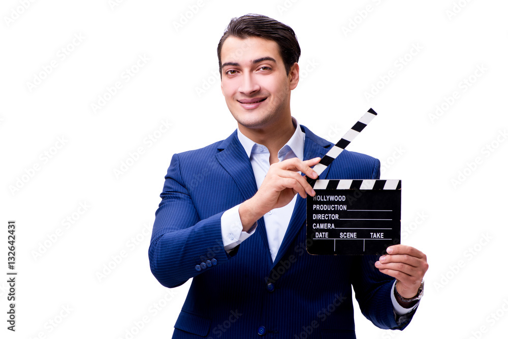 Handsome man with movie clapper isolated on white Handsome man with movie clapper isolated on white