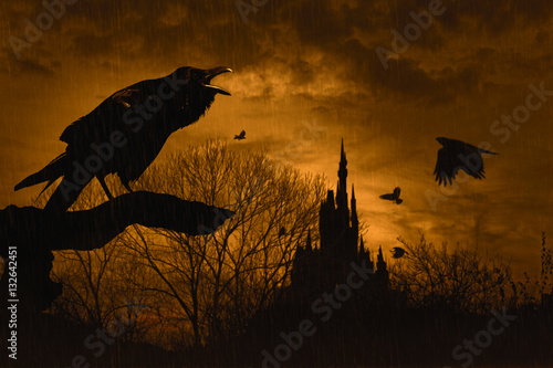 horror scene with a raven in front and castle at  back under rain at dusk on yellow background