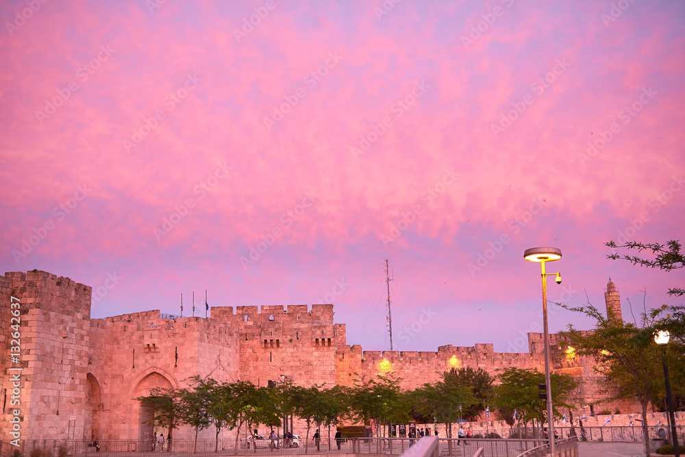 Walls of Ancient City at sunset, David's tower and citadel, Jeru