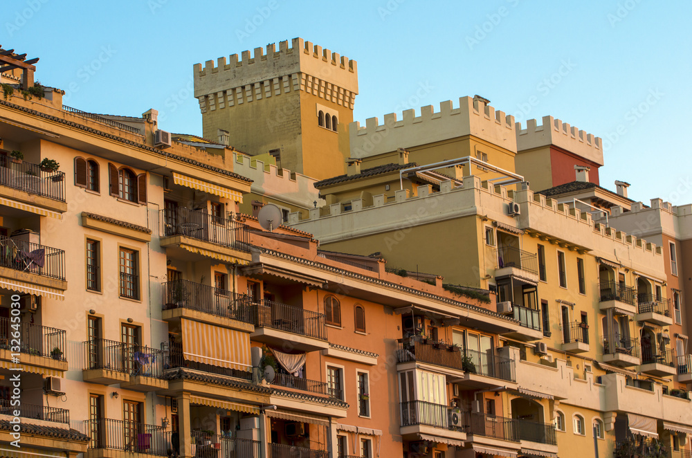 Colorful building facade. Mediterranean residential houses in Little Venice. Port Saplaya,Alboraya, Valencia,Spain.