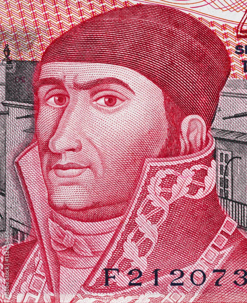 Jose Maria Morelos portrait on Mexico 20 pesos (1977) banknote closeup