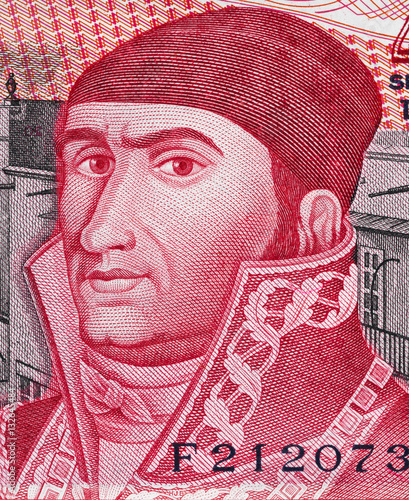 Jose Maria Morelos portrait on Mexico 20 pesos (1977) banknote closeup macro, Mexican money closeup