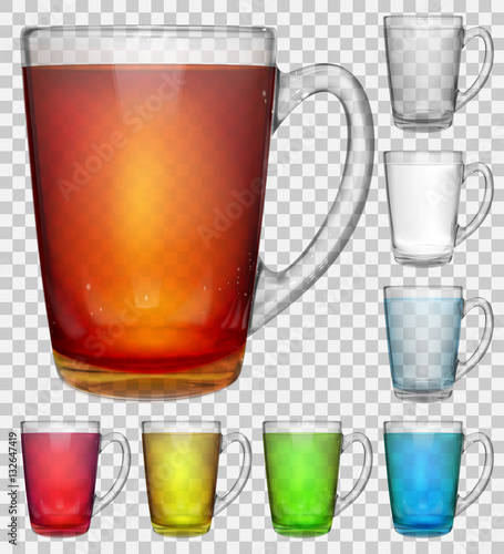 Set of transparent glass cups with multicolored translucent drinks on transparent background. Transparency only in vector file