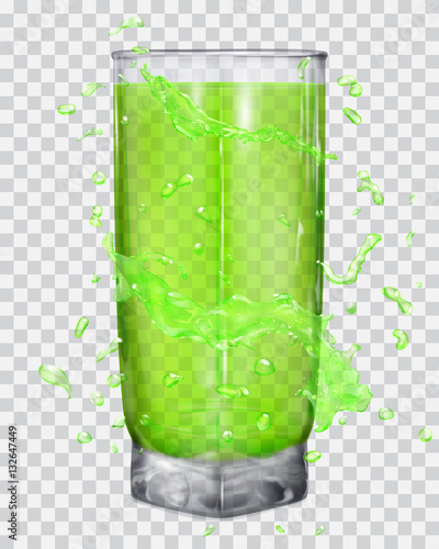 Water splashes in green colors around a transparent glass with green juice. Transparency only in vector file
