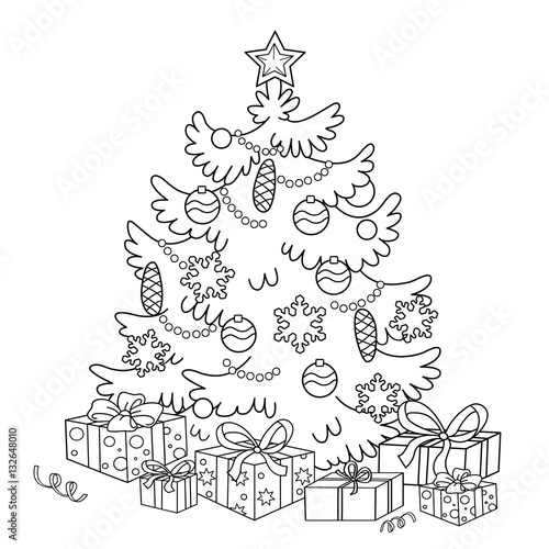 Coloring Page Outline Of cartoon Christmas tree with ornaments and gifts. Christmas. New year. Coloring book for kids