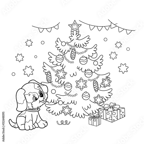 Coloring Page Outline Of Christmas tree with ornaments and gifts with puppy. The year of the dog. Christmas. New year. Coloring book for kids