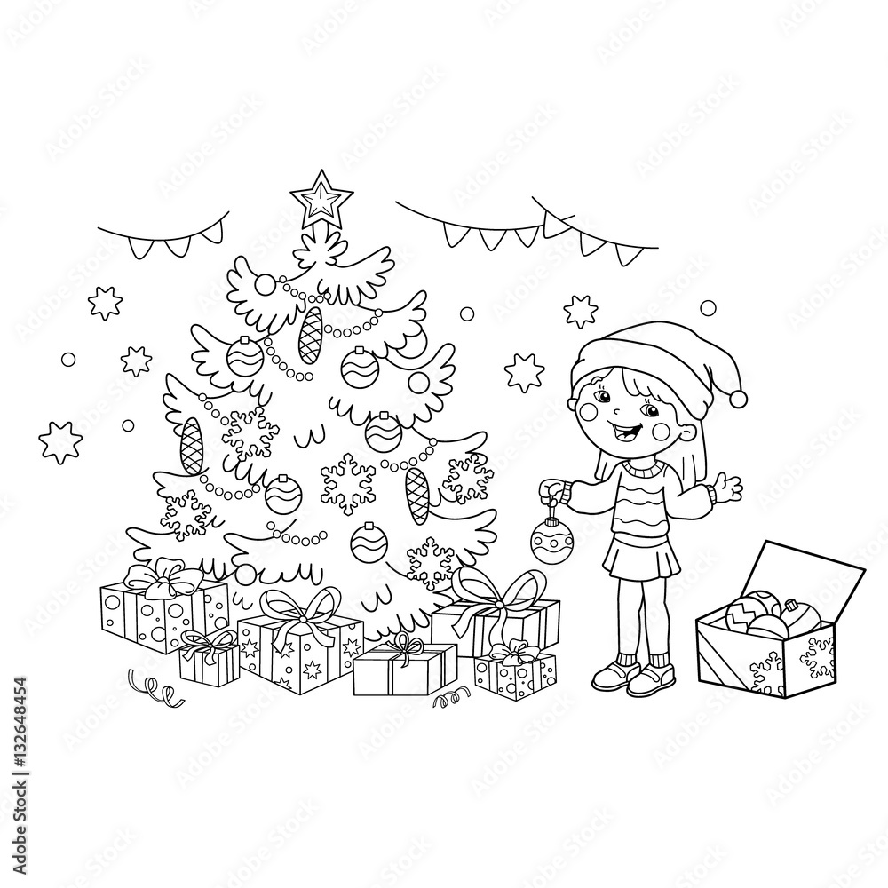 Coloring Page Outline Of cartoon girl decorating the Christmas tree with ornaments and gifts. Christmas. New year. Coloring book for kids