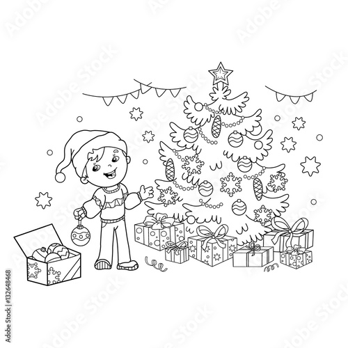 Coloring Page Outline Of cartoon boy decorating the Christmas tree with ornaments and gifts. Christmas. New year. Coloring book for kids