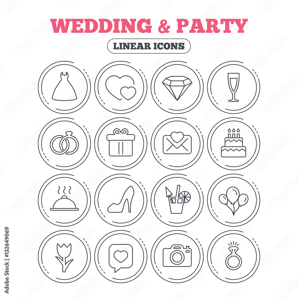 Wedding and party icon. Dress, diamond and ring. Wedding and party icon. Dress, diamond and ring.