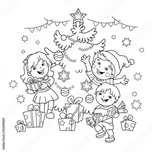 Coloring Page Outline Of children with gifts at Christmas tree. Christmas. New year. Coloring book for kids