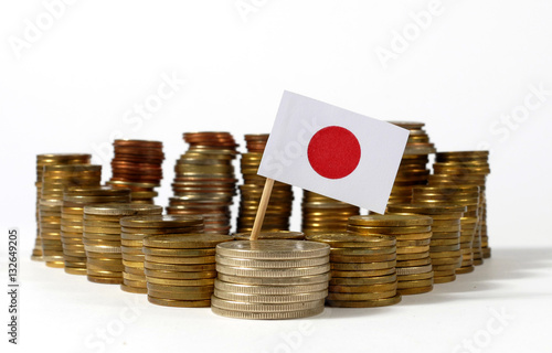 Japan flag waving with stack of money coins