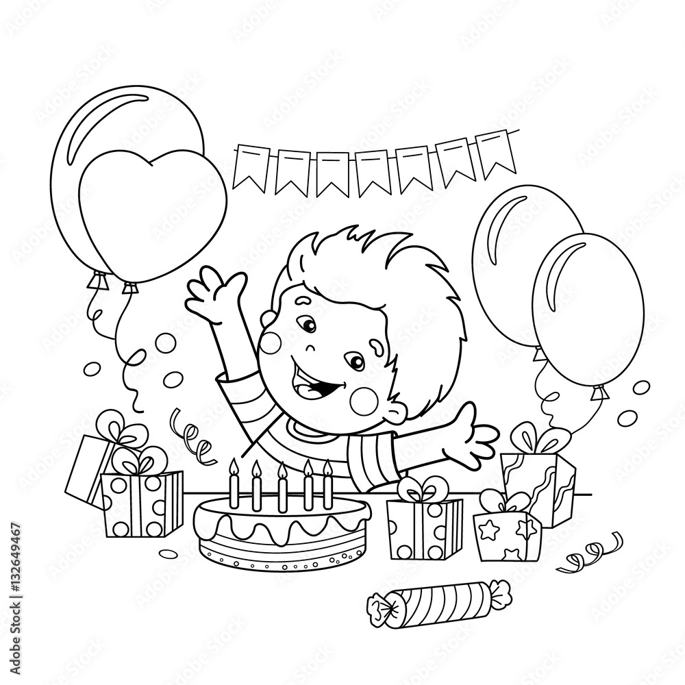 Kontur strony kolorowanie kreskówka chłopca z prezentami na wakacje. Urodziny. Kolorowanka dla dzieci