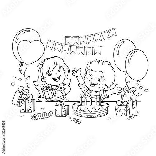 Coloring Page Outline Of children with a gifts at the holiday. Birthday. Coloring book for kids