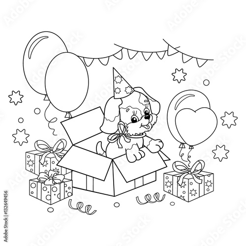 Coloring Page Outline Of cute puppy. Cartoon dog with bow. Gift for the holiday. Birthday. Coloring book for kids