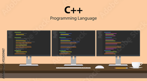 Illustration of C programming language code displayed on three monitor in a row at programmer workspace
