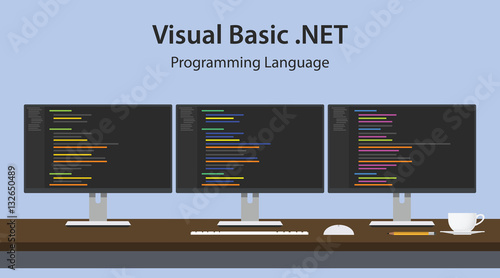 Illustration of Visual Basic .NET programming language code displayed on three monitor in a row at programmer workspace