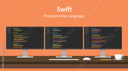 Illustration of Swift programming language code displayed on three monitor in a row at programmer workspace