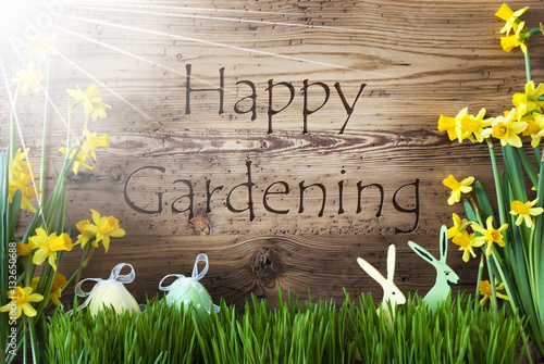 Sunny Easter Decoration, Gras, Text Happy Gardening photo