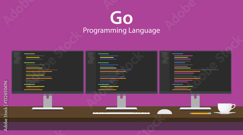 Illustration of Go programming language code displayed on three monitor in a row at programmer workspace