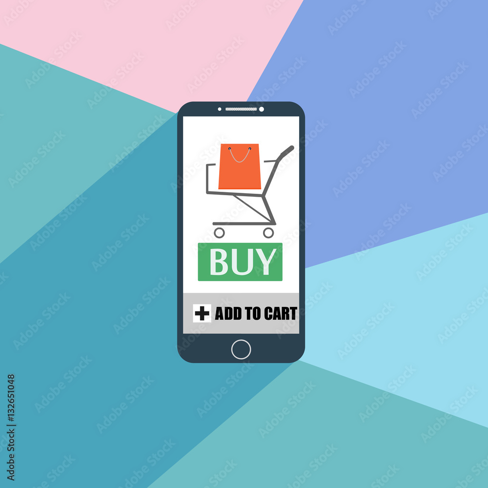 Online shopping concept. Smartphone with buy button and shopping trolley. Vector illustration. Online shopping concept. Smartphone with buy button and shopping trolley. Vector illustration.
