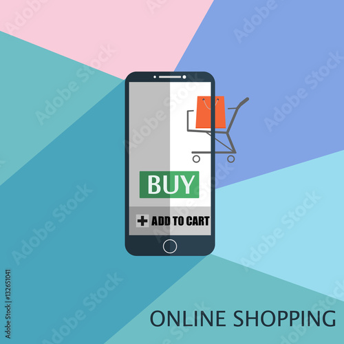 Online shopping concept. Smartphone with buy button and shopping trolley. Vector illustration.