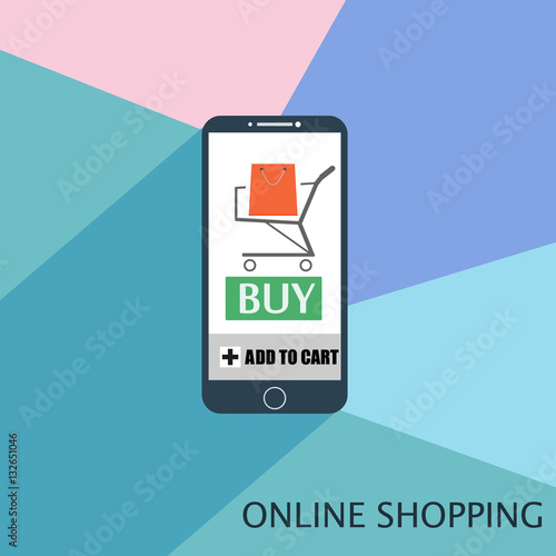 Online shopping concept. Smartphone with buy button and shopping trolley. Vector illustration.