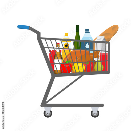 Shopping trolley full of food, products and goods. Vector illustration