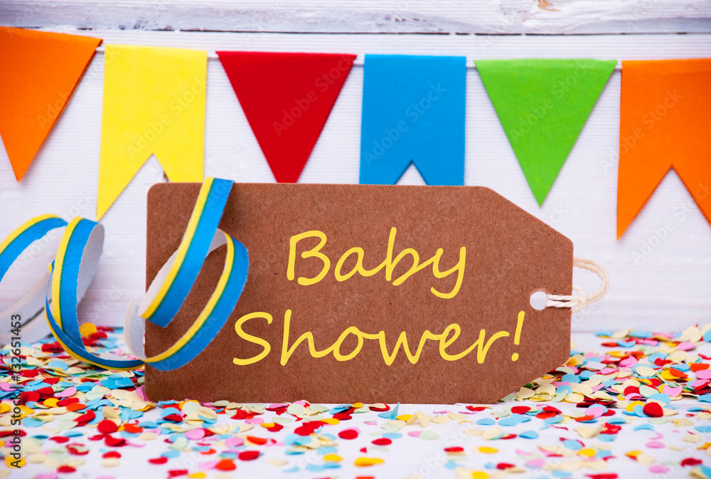Party Label With Streamer, Text Baby Shower