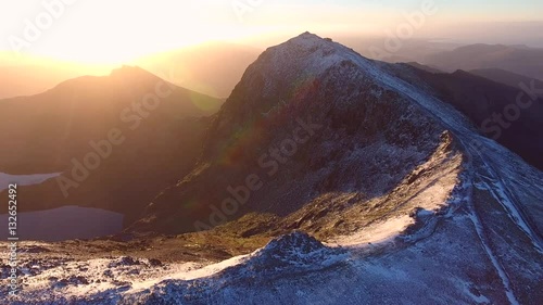 Spectacular panning aerial shot of Snowdonia.