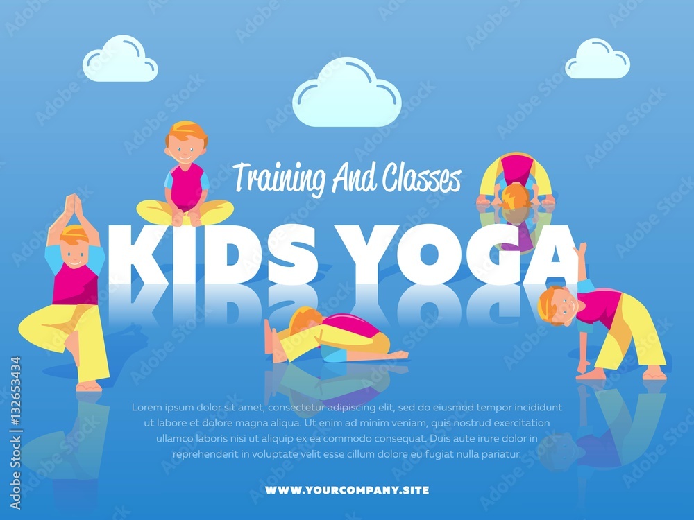 Training and classes kids yoga vector illustration. Young boy doing yoga relaxation exercise. Gymnastics for children. Sport, fitness, healthy lifestyle concept. Children stretching and meditation Training and classes kids yoga vector illustration. Young boy doing yoga relaxation exercise. Gymnastics for children. Sport, fitness, healthy lifestyle concept. Children stretching and meditation