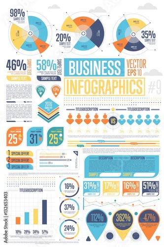 Business infographics set with different diagram vector illustration. Abstract data visualization elements, marketing charts and graphs. Website, corporate report, presentation, advertising template