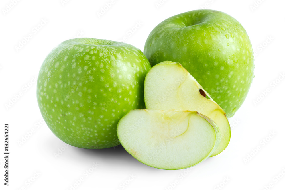 Green apple with sliced isolated white background Green apple with sliced isolated white background
