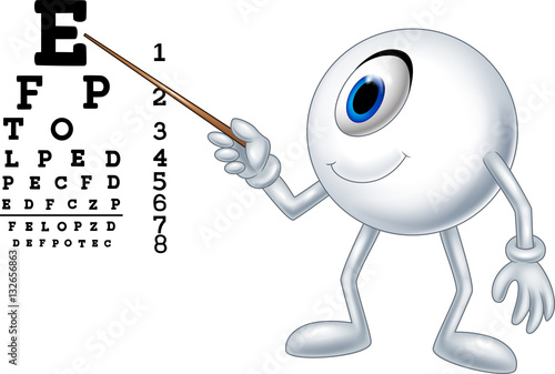 Cartoon eye ball optician pointing to Snellen chart