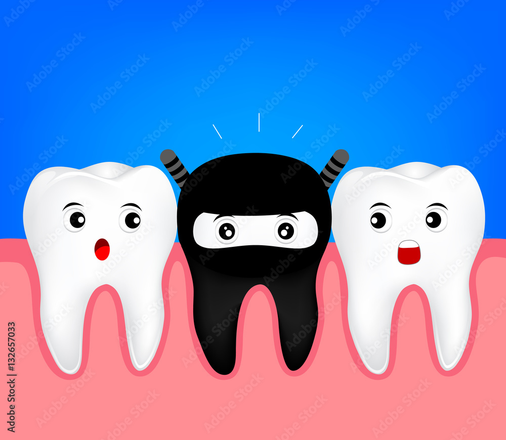 Cute tooth in black costume. Funny Ninja cartoon character. illustration Cute tooth in black costume. Funny Ninja cartoon character. illustration