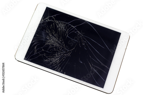 Obraz na płótnie Tablet computer with broken glass screen on white background, in w salonie