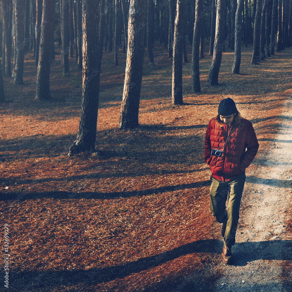 Fototapeta premium Man Walking Alone Camping Wanderlust Concept
