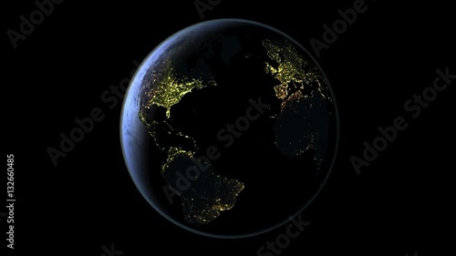 Satellite view of day-night transition on northern hemisphere with visible city lights on full planet Earth. Seemless loop
