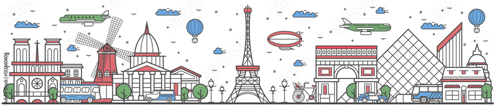 Travel in Paris city banner vector illustration. Worldwide traveling concept with famous modern and ancient architectural attractions. Paris cityscape panorama, historical landmark line design poster.
