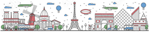 Travel in Paris city banner vector illustration. Worldwide traveling concept with famous modern and ancient architectural attractions. Paris cityscape panorama, historical landmark line design poster.