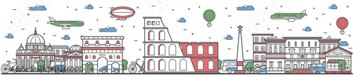 Travel in Rome city banner vector illustration. Worldwide traveling concept with famous modern and ancient architectural attractions. Rome cityscape panorama, historical landmark line design poster.