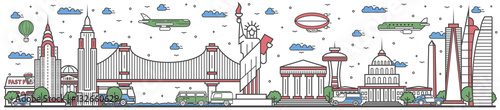 Travel in USA country banner vector illustration. Worldwide traveling concept with famous modern and ancient architectural attractions. USA country landmark panorama, tourist line design poster.