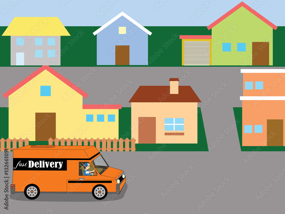 Orange delivery van on city Orange delivery van on city